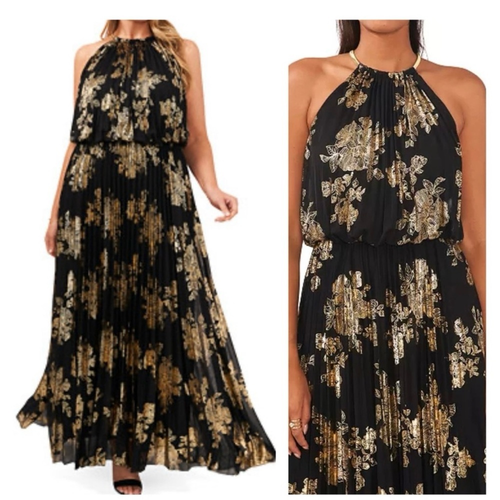 MSK Elegant Black and Gold Floral Gown